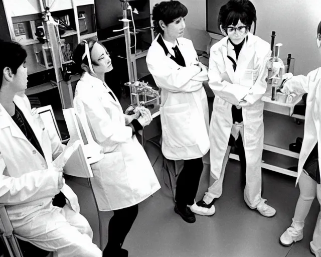 Prompt: scientists in lab coats trying to invent anime girls in real life, 1985 BW photo, secret documents leak