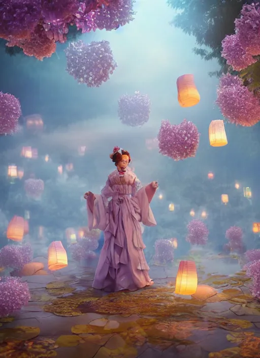 Image similar to japanese village with paper lanterns, angle view of anthropomorphic octopus woman wearing a flowing light lavendar couture dress with puffy sleeves made of paper, paper orchid flowers, heavenly light, 3 d, very detailed, octane render, trending artstation, artgem