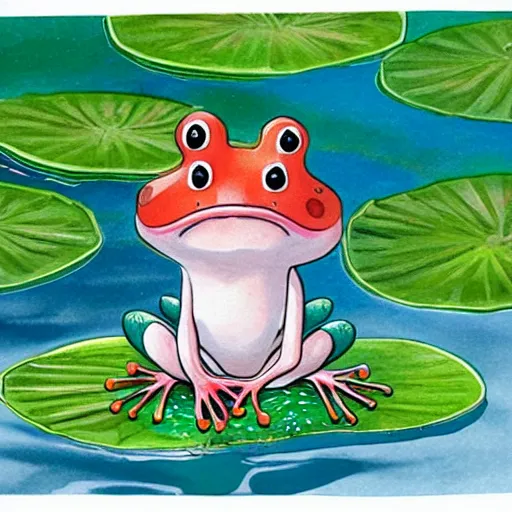 Prompt: cute cartoon gouache children’s book illustration of a frog on a lily pad in a pond