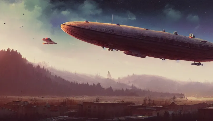 Prompt: a beautiful matte painting of a flying space ship over old soviet village, simon stalenhag and jakub rozalski and alan bean, trending on artstation, realistic rendering