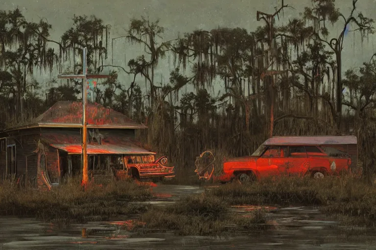 Image similar to scene from louisiana swamps, voodoo cult, old protestant church with neon satanic pentagram, junkyard by the road, boy scout troop, voodoo artwork by tim eitel