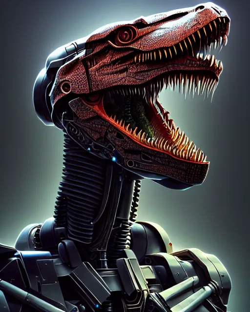 Image similar to mecha male t rex portrait, cyborg, intricate mechanical body, robot eyes, hyper realistic 3 d render by ilya kuvshinov, jonas roscinas, peter mohrbacher, greg rutkowski, ryohei hase, dramatic lighting, intricate, highly detailed, sharp focus, luminous, unreal engine, blender, artstation, masterpiece, ray tracing