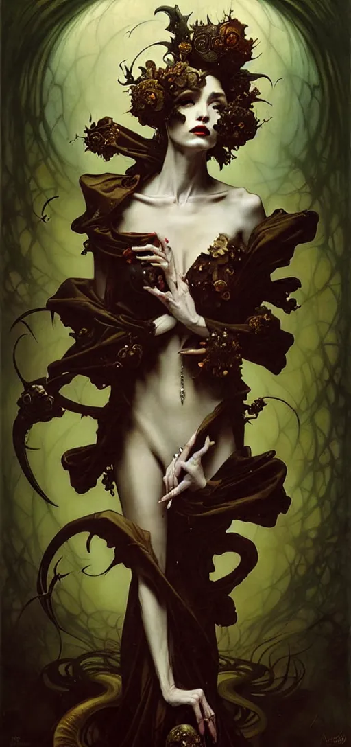 Image similar to baroque oil painting of full body vampire princess portrait, by nekro, peter mohrbacher, alphonse mucha, brian froud, yoshitaka amano, kim keever, victo ngai, james jean