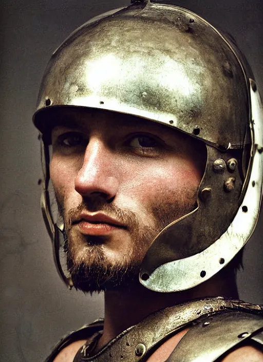 Prompt: close - up portrait of roman gladiator with helmet and armor, color photograph by paolo roversi