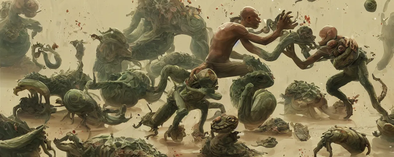 Prompt: duotone olive green snails illustration 3 / 4 portrait of gollum kun fu fighting with giant toxic snails chaotic composition accidental renaissance golden ratio. by sachin teng and sergey kolesov and ruan jia and heng z. graffiti art, scifi, fantasy, hyper detailed. octane render. concept art. trending on artstation