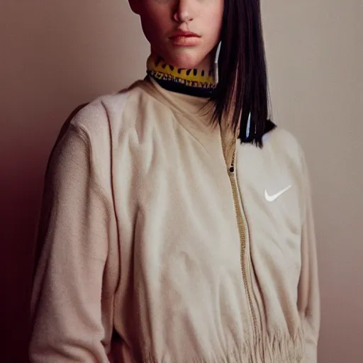 Image similar to realistic! photoshoot for a new nike lookbook, color film photography, portrait of a beautiful model, photo in style of wes anderson, 35mm