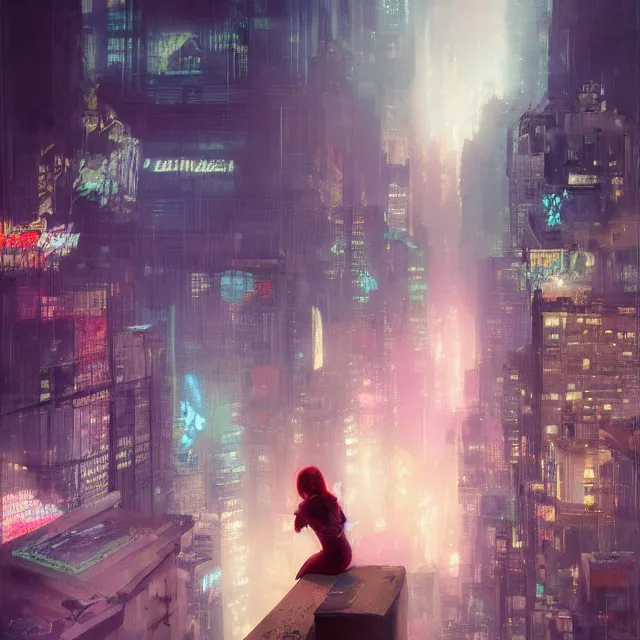 Prompt: a girl sitting on a ledge overlooking a futuristic new york city below, ghostpunk, neon lights, storm clouds, rain, by craig mullins, by jc leyendecker, by james jean