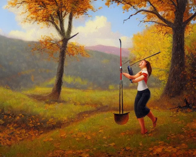 Image similar to landscape portrait of a girl swinging an axe, swinging axe at a hickory tree, autumn mountains, original oil on canvas painting by william sydney mount, trending on artstation