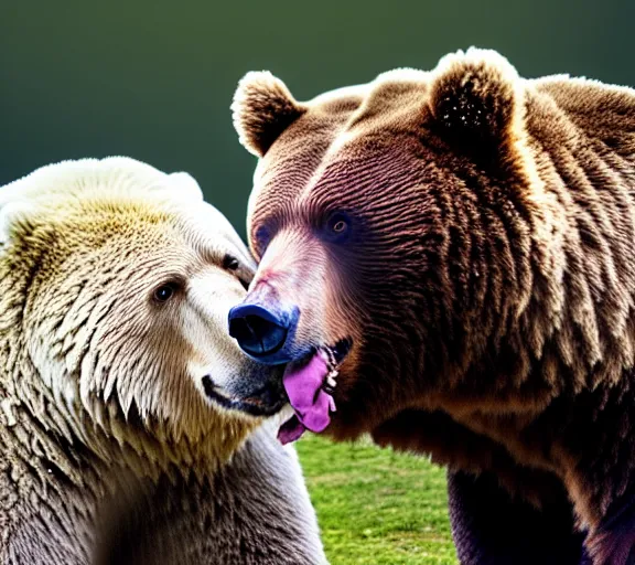 Prompt: vladimir putin mates bear, animals mating, lovely kiss, kiss mouth to mouth, romantic, emotional, love scene, insane details, clear face and eyes, textured, 8 k, professional photography, animal world, discovery channel