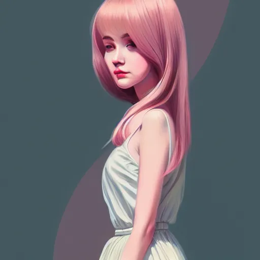 Image similar to young female in summer dress art, pastel light pink long hair, muted colors, matte print, pastel colors, ornate, digital art, digital painting, fan art, elegant, artstation, head is centered, by Ilya Kuvshinov