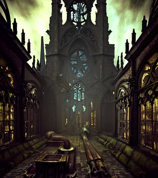 Image similar to steam necropolis, memento mori, gothic, neo - gothic, art nouveau, hyperdetailed copper patina medieval icon, stefan morrell, philippe druillet, ralph mcquarrie, concept art, steampunk, unreal engine, detailed intricate environment, octane render, moody atmospherics, volumetric lighting, ultrasharp, ominous, otherworldly