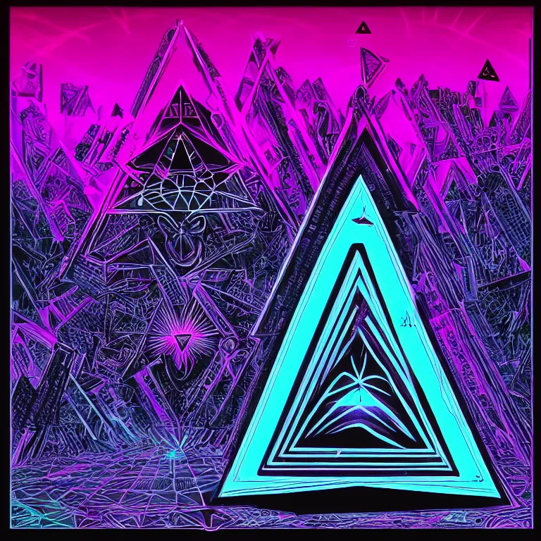 Prompt: the illuminati\'s all seeing eye, synthwave neon dark album cover design, digital art