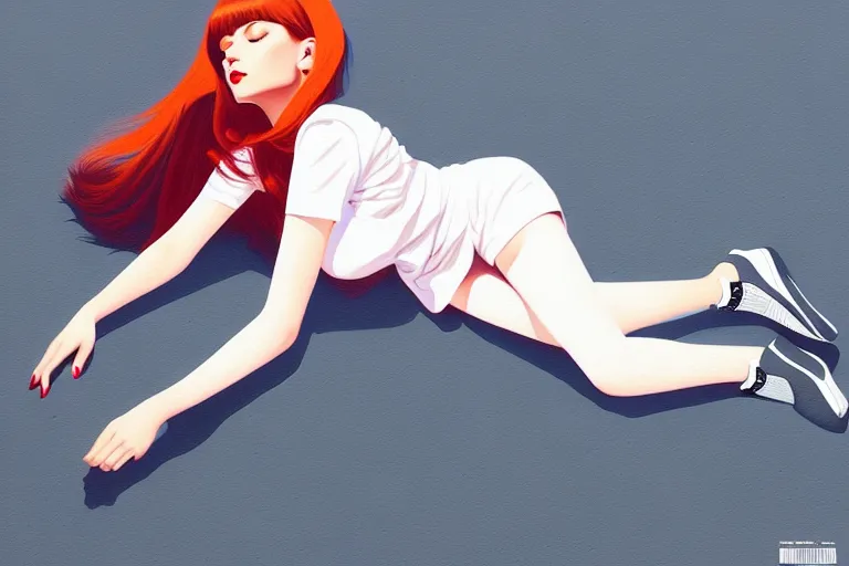 Prompt: a ultradetailed beautiful painting of a stylish woman laying on the ground, she is wearing nike air force 1 sneakers, by ilya kuvshinov, trending on artstation