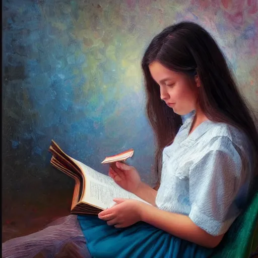 Image similar to a girl reading a book by Mark Keathley in the style of 2022 ai art