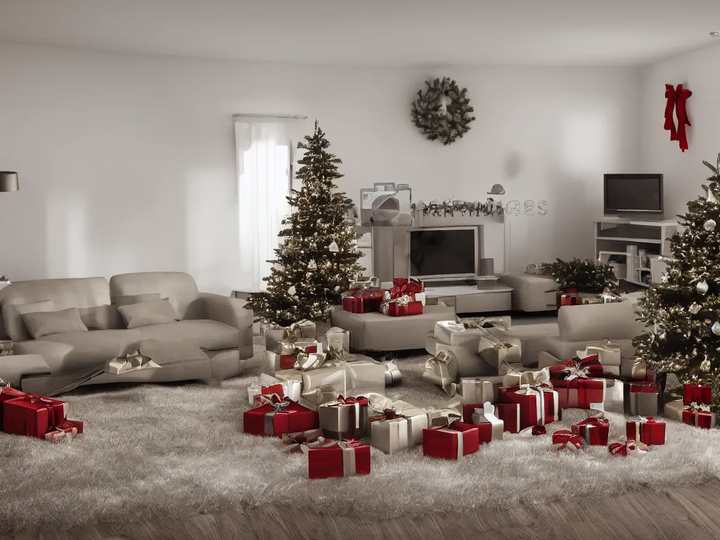 Prompt: empty living room on christmas morning, photorealistic