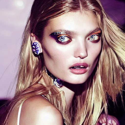 Image similar to A beautiful portrait of Lily Donaldson as a model at Versace fashion show Spring/Summer 2009, highly detailed, in the style of cinematic, fashionweek backstage,makeup by Pat Mcgrath, Shot by Terry Richardson