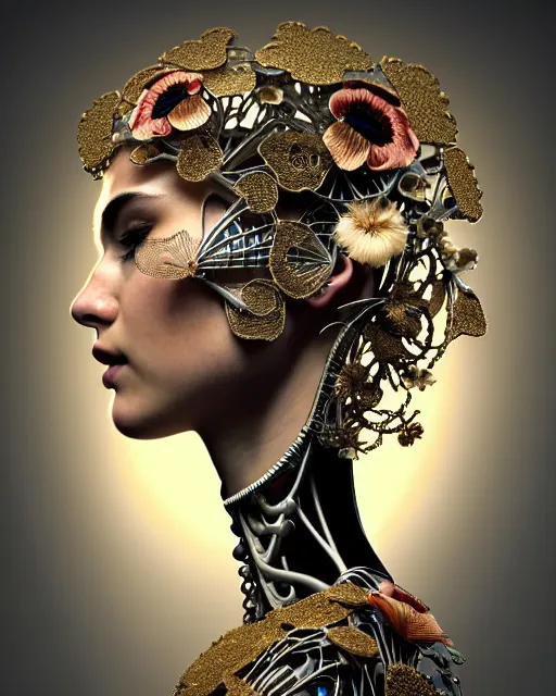 Image similar to uhd 3 d render, stunningly beautiful young teen angelic alluring biomechanical female cyborg with an obsidian profile face, rim light, big floral petals and stems, roots, fine foliage, lace, alexander mcqueen, art nouveau fashion embroidered collar, dieselpunk, gold filigree details, hexagonal mesh wire, ifs reflection, elegant, artstation trending