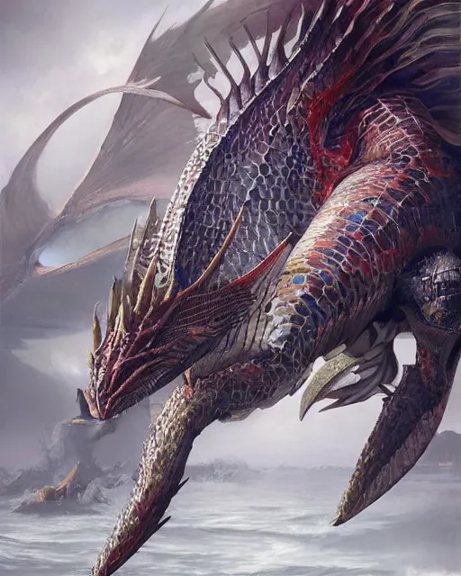 Image similar to game character beautiful sea dragon half fish half dragon, armored skin, scales, incredible detail by Ruan Jia and Gil Elvgren, fullbody