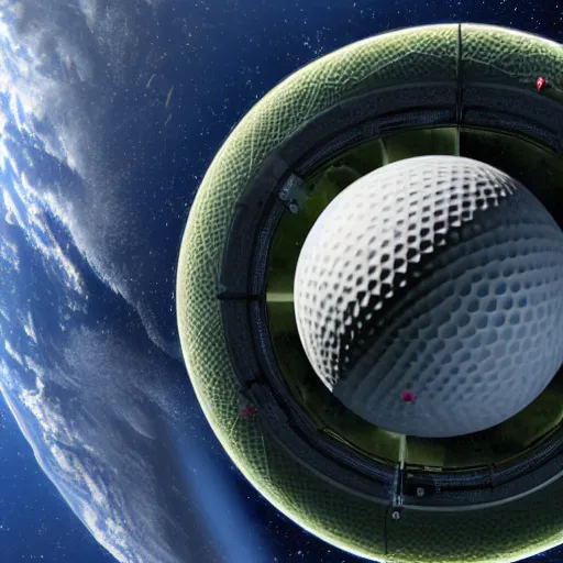 Prompt: orbiting space station that resembles a huge golf ball, there are windows in the dimples, 4K, 8K, ultrarealistic, highly detailed, the best ever