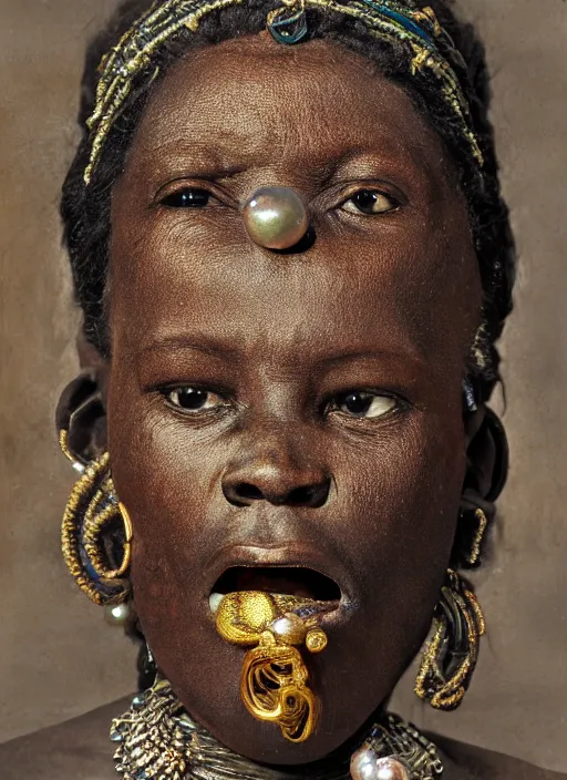 Image similar to hyperrealism, detailed textures, award winning autochrome african colonial 1 9 0 5 photo, symetrical africanpearl old screaming medusa queen autochrome pearl portrait, pearl silverplate, intricate, detailed facial pearl scary animal mask, pearl, golden jewelery, silverplate, ultra realistic, cinematic, intricate, cinematic light by steve mccurry, unreal engine 8 k