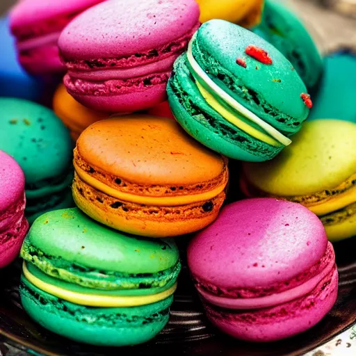 Prompt: photo of bird standing in a plate of rainbow macaroons