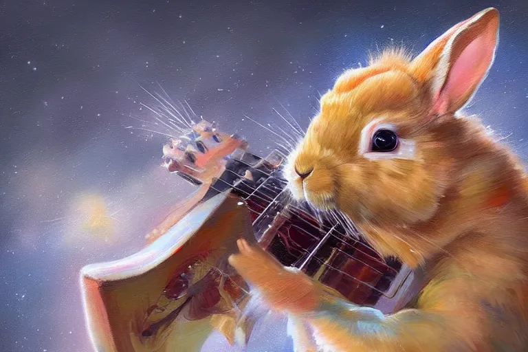 Prompt: a hyperdetailed digital oil painting of a rabbit is playing the guitar, cartoon, trending on artstation and deviantart