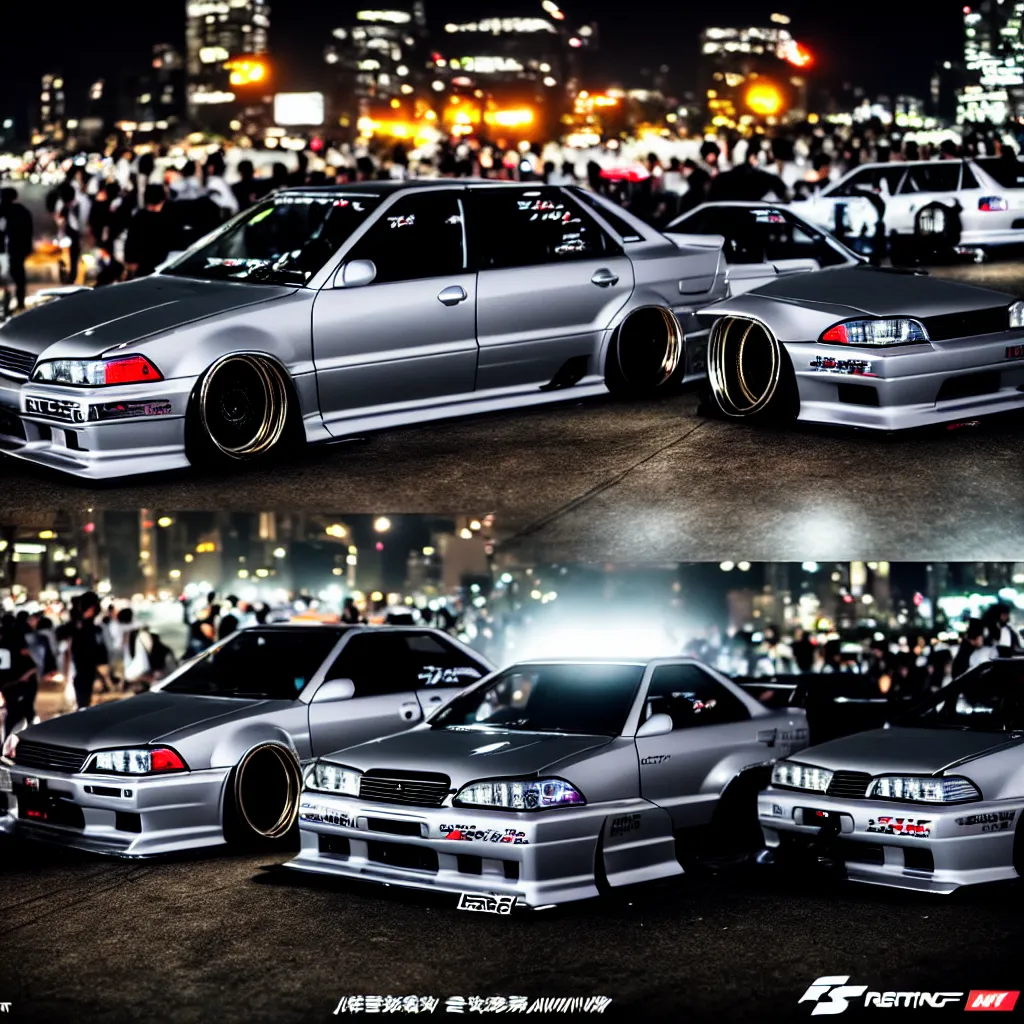 Prompt: a car JZX100 twin turbo drift at illegal car meet, Shibuya prefecture, city midnight mist lights, cinematic lighting, photorealistic, detailed alloy wheels, highly detailed