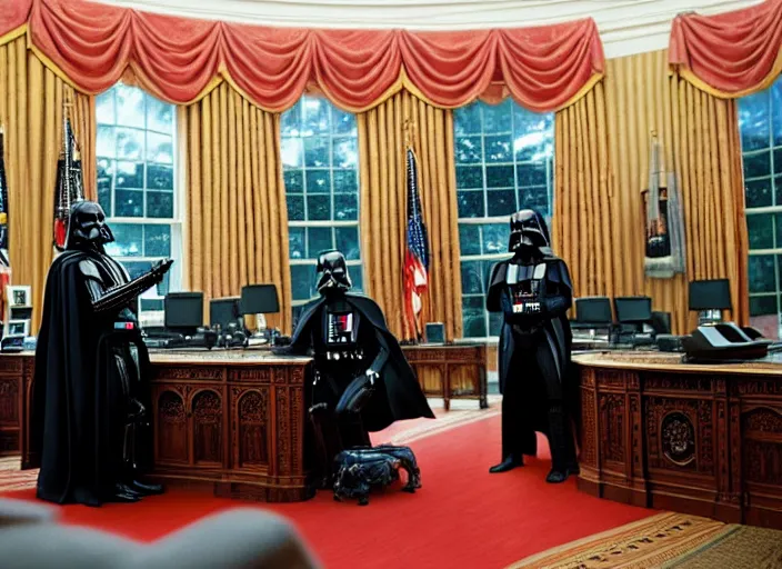 Image similar to film still of Darth Vader is president of the United States sitting in the Oval Office in the new Star Wars movie, 4k