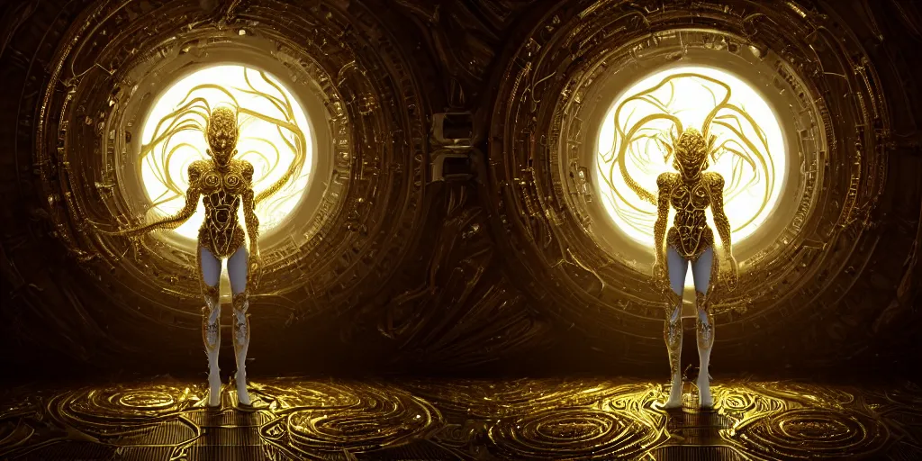 Prompt: a photo of 8k ultra realistic corrupted lovecraftian white golden humanoid queen standing next to a spaceship window overlooking earth, 8 intricate white and gold tentacles, ornate white and gold armour, white floor, cinematic lighting, trending on artstation, 4k, hyperrealistic, focused, extreme details, unreal engine 5, cinematic, masterpiece