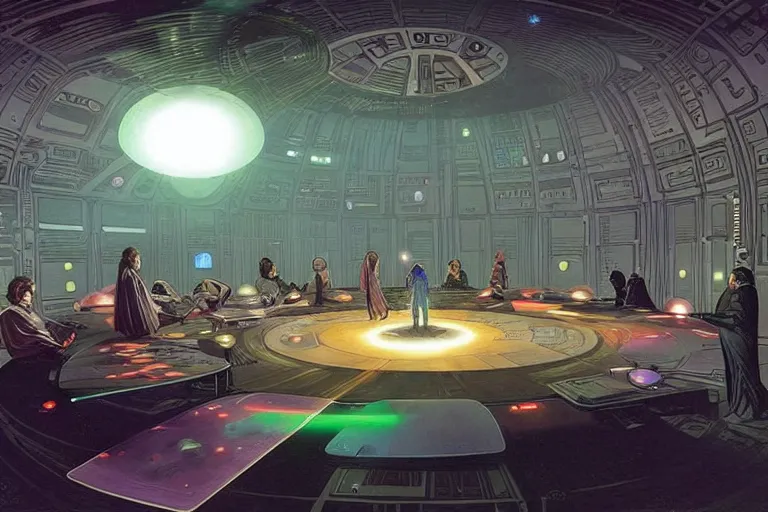 Image similar to ground view of a science fiction circular meeting room with bright holodesk in the center showing levitating planets of a solar system, dark people discussing, contrasted light, clair obscur, star wars vibe, star treck vibe, by greg rutkowski, by alphonse mucha, by moebius!!!, vivid colors