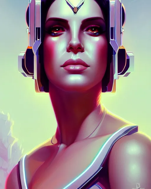 Image similar to symmetry portrait of lana del rey cyborg, glam, deco, glowing intricate, elegant, highly detailed, digital painting, artstation, concept art, smooth, sharp focus, illustration, art by artgerm and greg rutkowski and fra angelico and unreal engine 5