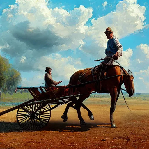 Prompt: a man pulling a cart with a horse on it, hyperrealism, no blur, 4 k resolution, ultra detailed, style of ron cobb, adolf hiremy - hirschl, syd mead, ismail inceoglu, rene margitte