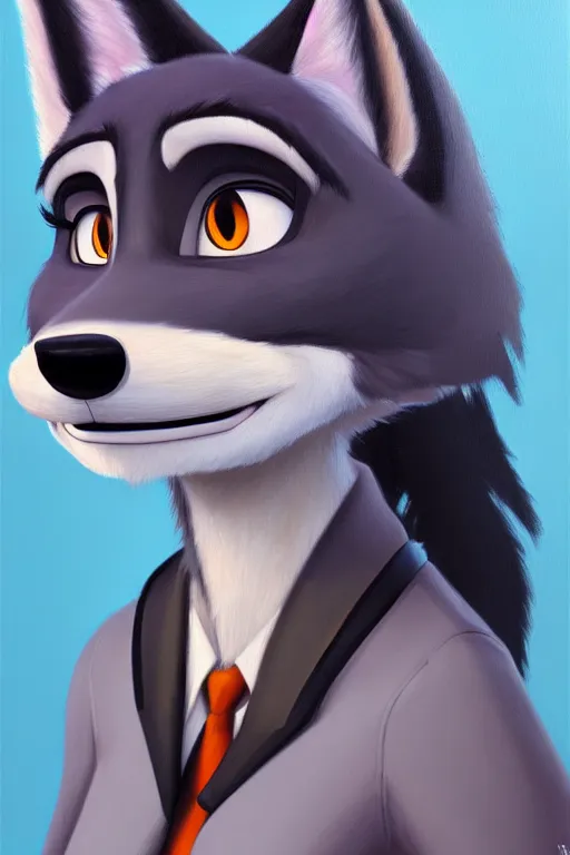 Image similar to oil painting of anthromorphic female wolf, in style of zootopia, female fursona, furry, furaffinity, 4 k, deviantart, furry art, fursona art, wearing black business suit, business suit, wolf fursona, female, very expressive detailed feminine face,