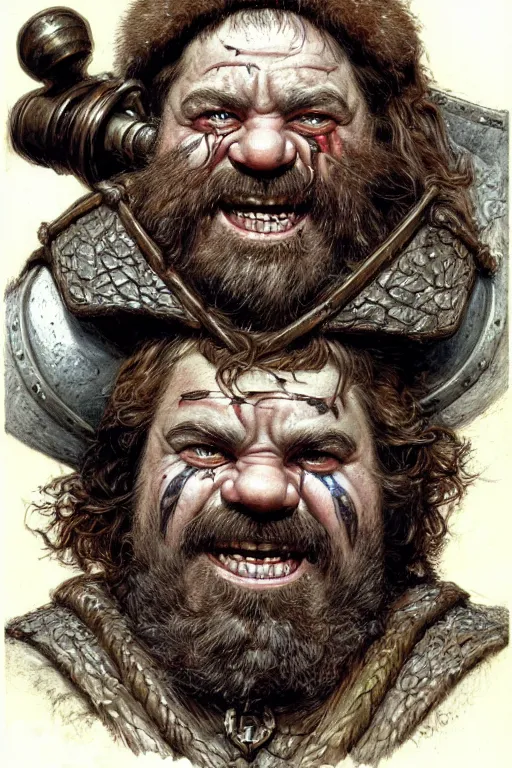 Image similar to head and shoulders portrait of a dwarf adventurer, jovial, scarred lip, grandfatherly, leather armor, male, tavern, high fantasy, d & d, by donato giancola, face details, extremely detailed, digital illustration