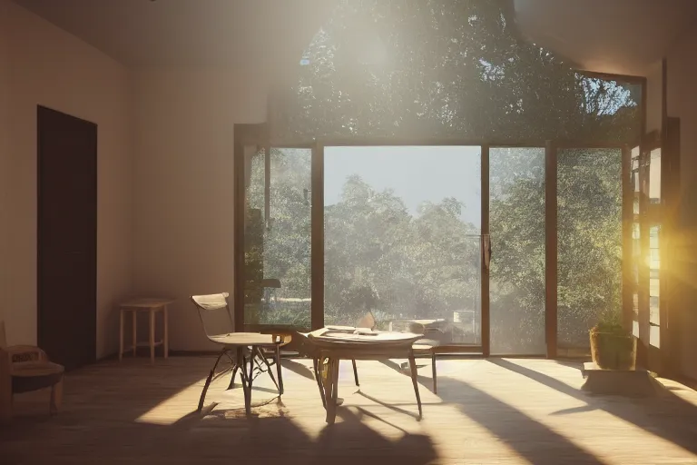 Image similar to rays of the morning sun shining through the window of the village house. very beautiful, clear sky, warm shiny colors, octane render
