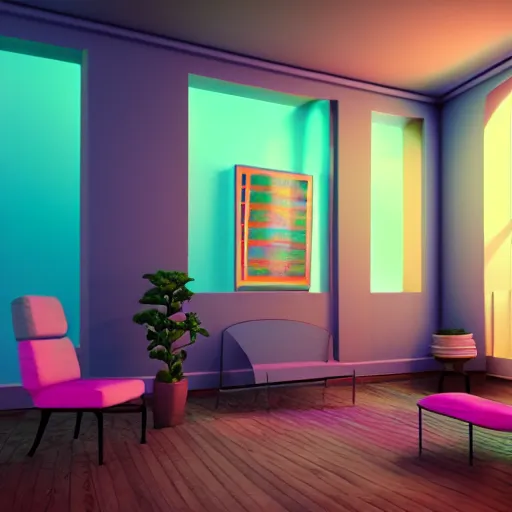 Image similar to vaporwave 9 0 s surreal room, highly detailed, 3 d render, vray, octane, realistic lighting, photorealistic