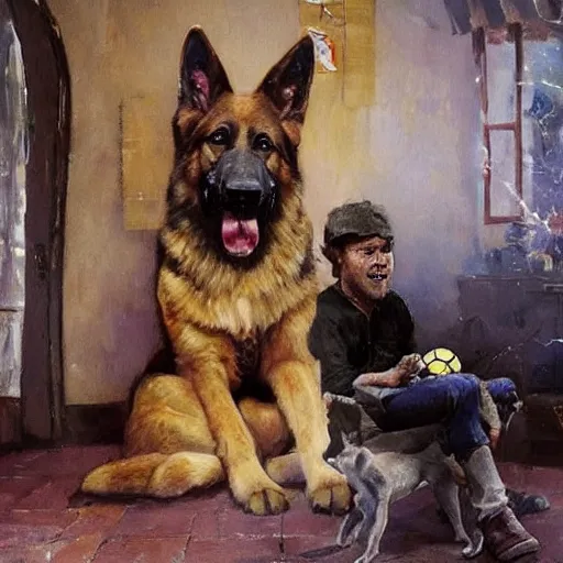 Prompt: a humanoid german shepherd beast - man, sitting and watching a soccer match in his house on television, he has hurt his knee and is a dad, by erin hanson, alexi zaitsev, karl spitzweg, award winning, tv set