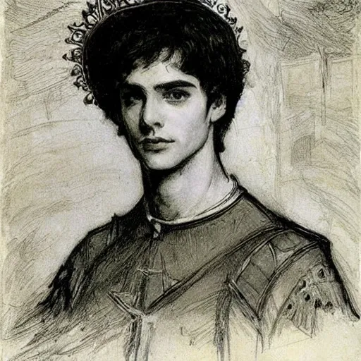 Image similar to painting of handsome beautiful medieval prince in his 2 0 s named shadow wearing a crown, elegant, clear, sharp focus, painting, stylized, art, art by john everett millais, john william waterhouse