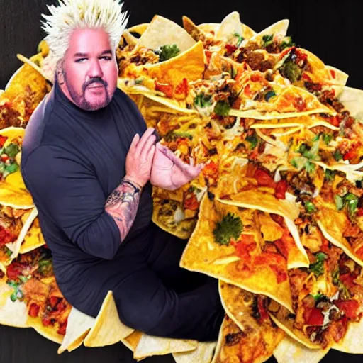 Image similar to guy fieri sitting on a plate of large nachos doing yoga