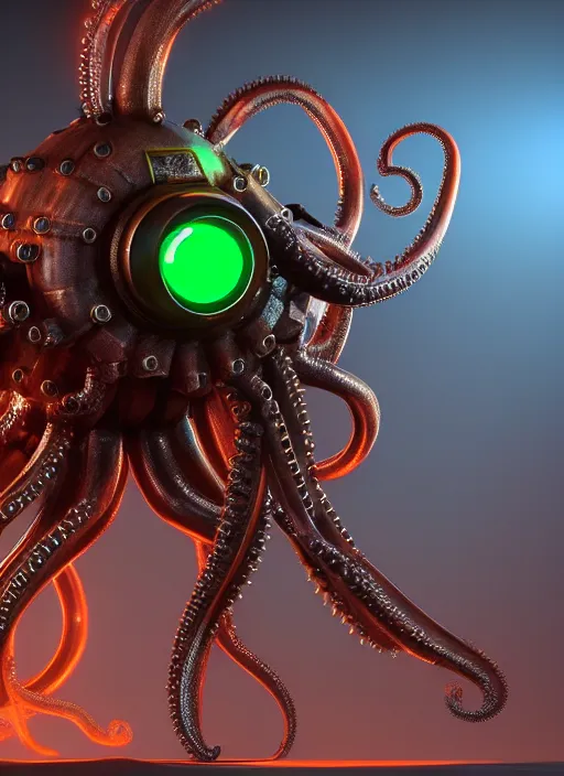 Image similar to steampunk mechanical octopus with glowing emissive eyes hyperrealistic emissive beautfiul artstation portfolio trending Ryan Church concept mist cyberpunk 2077 hardsurface modeling