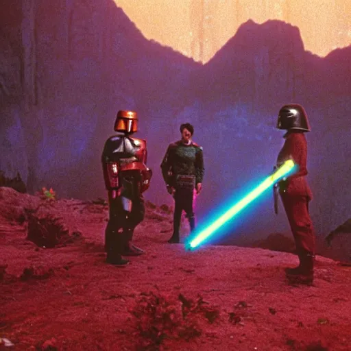 Image similar to 35mm film still jedi mandalorian training with laser sword on an epic mountain, blade runner set in a rainy tropical forest, cool colors, moody, by Alex grey