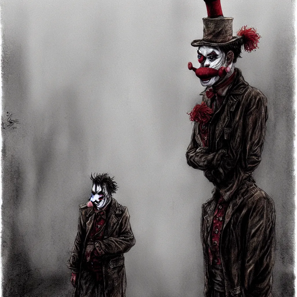 Image similar to A portrait of James Sunderland from Silent Hill 2 dressed as a clown standing in a foggy street, intricate, elegant, sharp focus, concept art, matte, art by Masahiro Ito