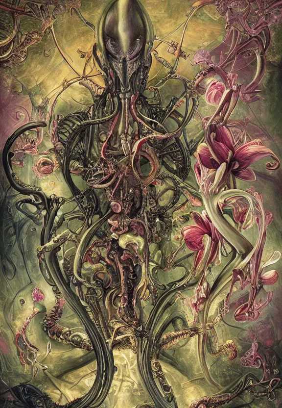 Image similar to simplicity, elegant, colorful muscular eldritch orchids, lilies, flowers, bodies, neon radiating from fractal, mandalas, by h. r. giger and esao andrews and maria sibylla merian eugene delacroix, gustave dore, thomas moran, pop art, giger's biomechanical xenomorph, art nouveau