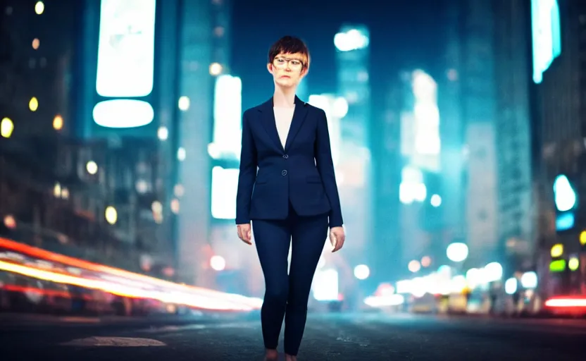 Image similar to a wide shot of a woman with a wool suit, very short hair, blurred face, wearing an omega speedmaster on her wrist in front of a crowded dystopian city full of people walking at night with fog and cyberpunk lights