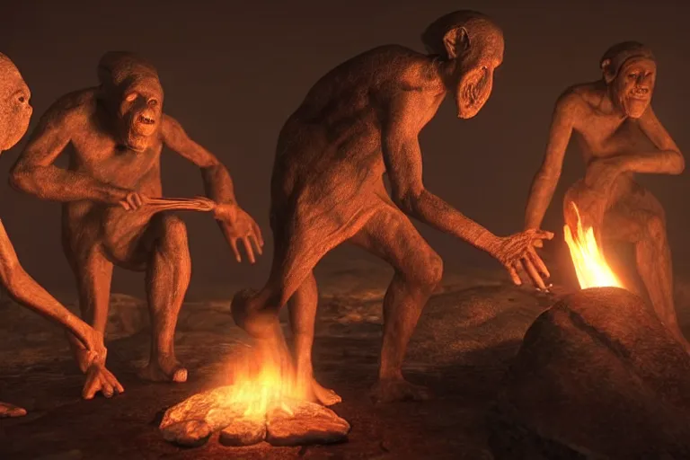 Prompt: still photo of ancient human ancestors discovering fire, highly detailed, photorealistic shot, bright studio setting, studio lighting, crisp quality and light reflections, unreal engine 5 quality render