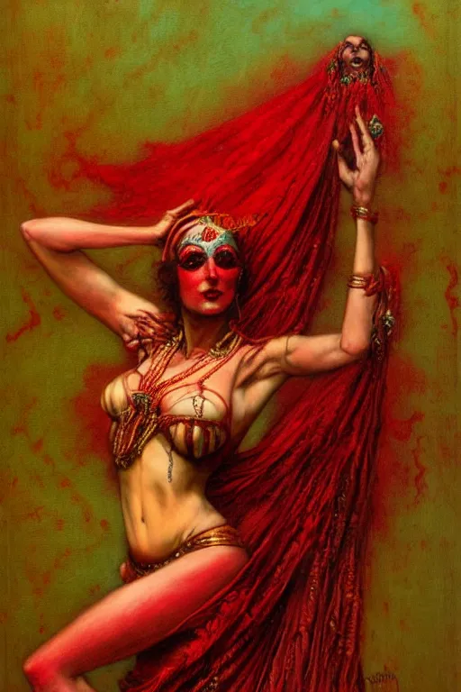 Image similar to red and turquoise raving bellydancer in the style of wayne barlowe, gustav moreau, goward, bussiere, roberto ferri, santiago caruso, luis ricardo falero, austin osman spare