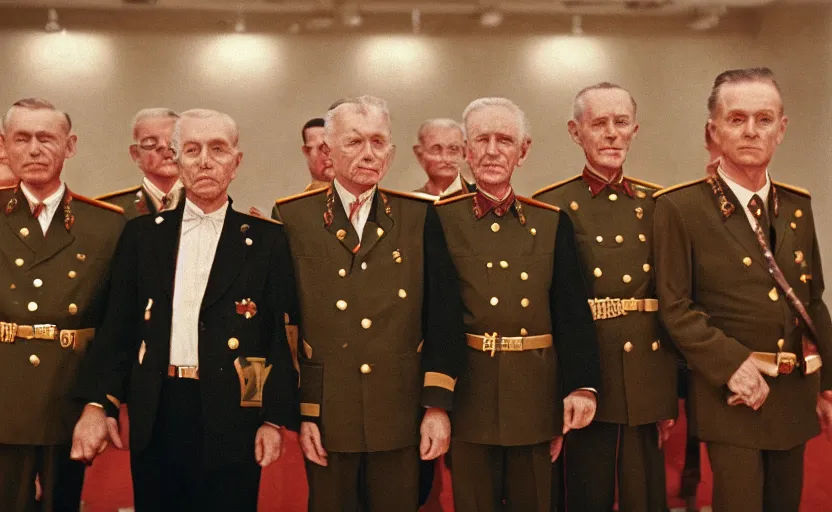 Prompt: 50s movie still close-up portrait of an elder soviet generals in a empty stalinist hall, by David Bailey, Cinestill 800t 50mm eastmancolor, heavy grainy picture, very detailed, high quality, 4k, HD criterion, precise texture and facial expression