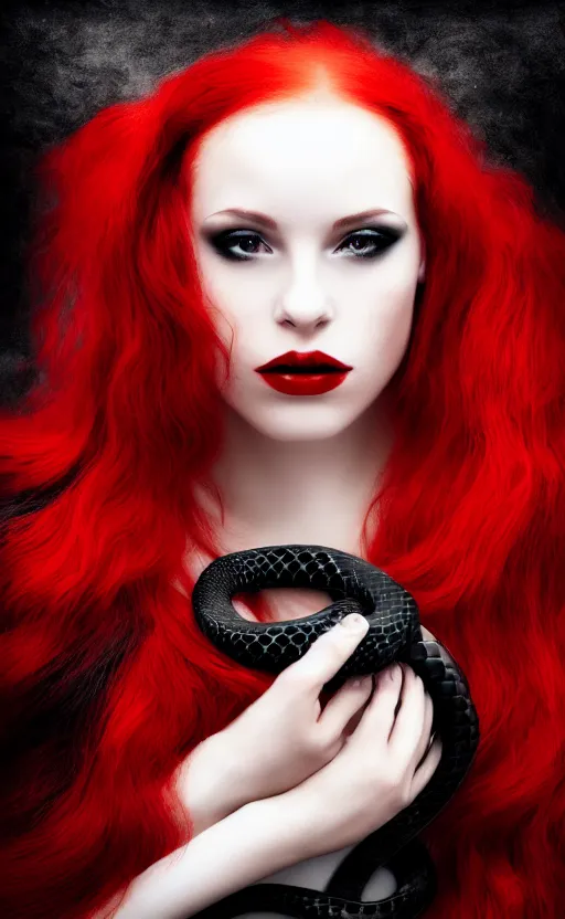 Image similar to portrait of a girl with long red hair in a black dress, snake, in black roses, under red water, very beautiful style, girl wrapped in black leather, photorealism, edgard maxens,