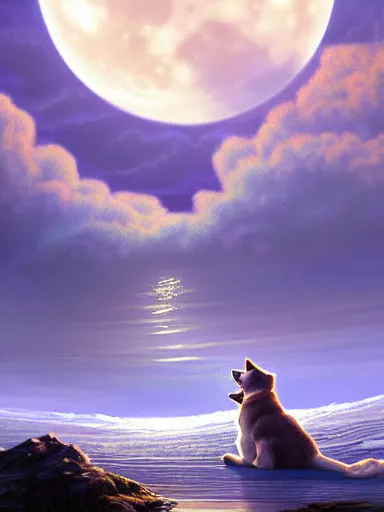 Image similar to the moon, a dog howling, the beautiful ocean in the backgound. intricate, elegant, highly detailed, digital painting, artstation, concept art, sharp focus, illustration, by justin gerard and artgerm, 8 k