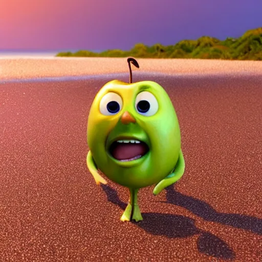 Prompt: an apple character, on the beach, sunny day, pixar render